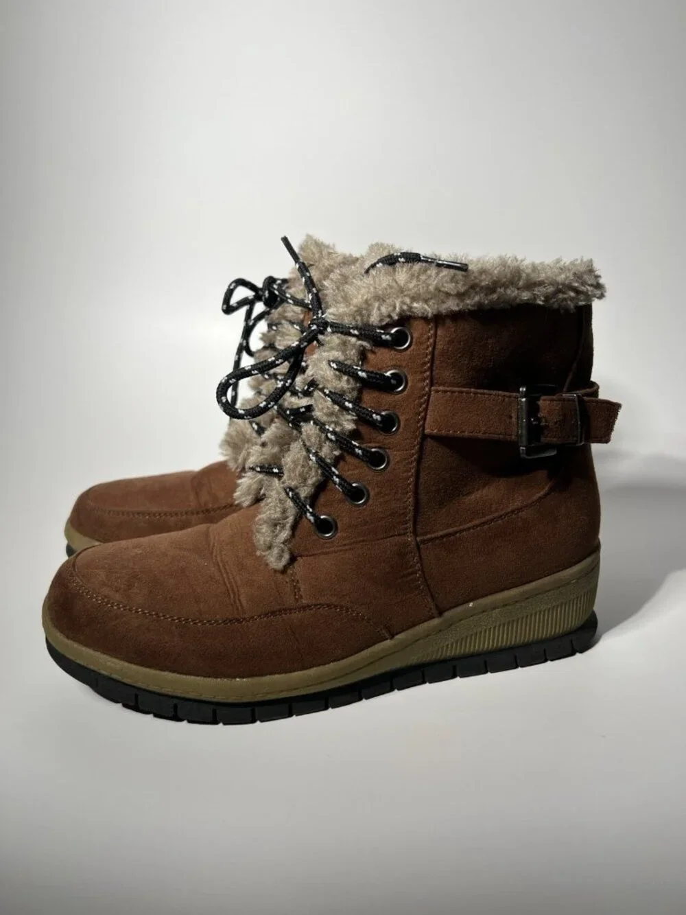 JustFab Women’s Tall Boots Size 7 Brown Faux Leather Lace-Up Buckle